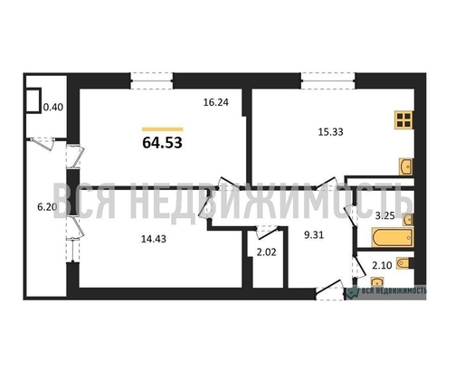 2-комнатная квартира, 64.53кв.м - изображение