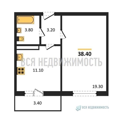 1-комнатная квартира, 38.4кв.м - изображение