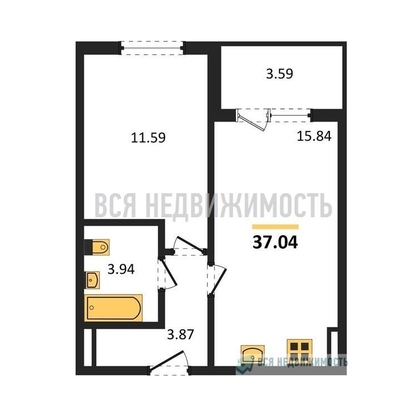 1-комнатная квартира, 37.04кв.м - изображение