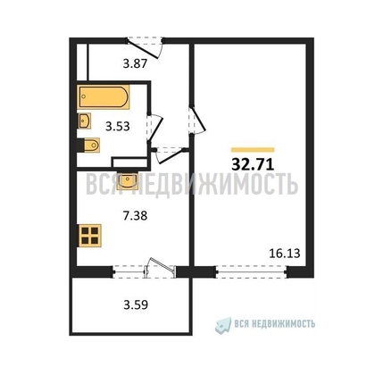 1-комнатная квартира, 32.71кв.м - изображение