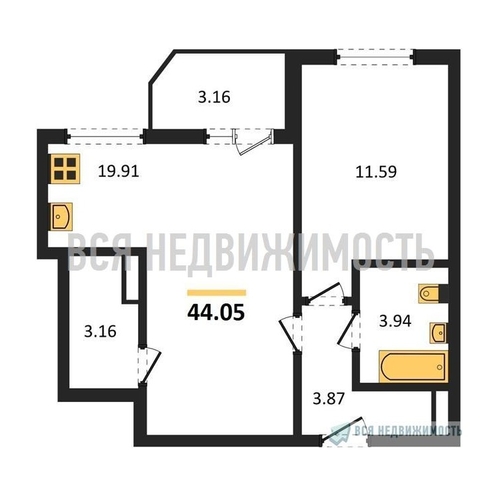 1-комнатная квартира, 44.05кв.м - изображение 0