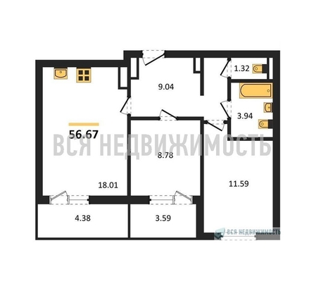 2-комнатная квартира, 56.67кв.м - изображение