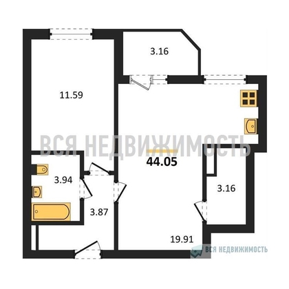 1-комнатная квартира, 44.05кв.м - изображение