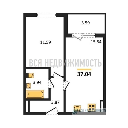 1-комнатная квартира, 37.04кв.м - изображение