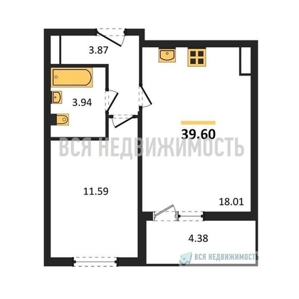 1-комнатная квартира, 39.6кв.м - изображение