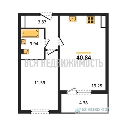 1-комнатная квартира, 40.84кв.м - изображение