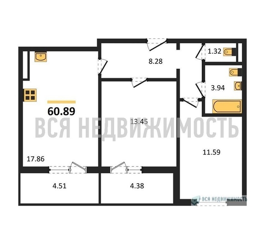 2-комнатная квартира, 60.89кв.м - изображение 0