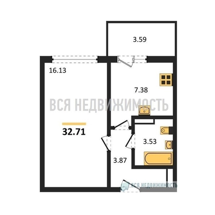 1-комнатная квартира, 32.71кв.м - изображение