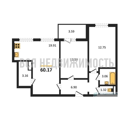 2-комнатная квартира, 60.17кв.м - изображение