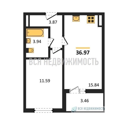 1-комнатная квартира, 36.97кв.м - изображение