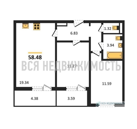 2-комнатная квартира, 58.48кв.м - изображение 0