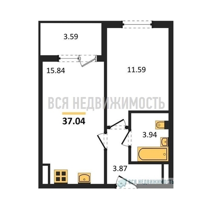 1-комнатная квартира, 37.04кв.м - изображение