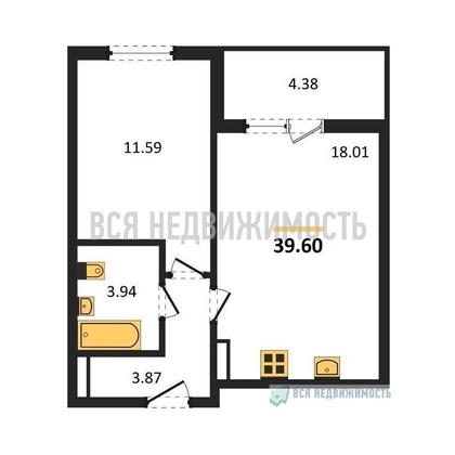 1-комнатная квартира, 39.6кв.м - изображение