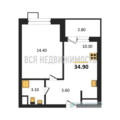 1-комнатная квартира, 34.9кв.м - изображение