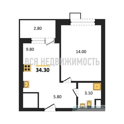 1-комнатная квартира, 34.3кв.м - изображение