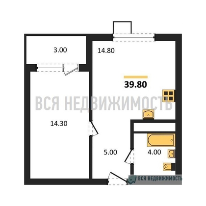 1-комнатная квартира, 39.8кв.м - изображение