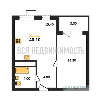 1-комнатная квартира, 40.1кв.м - изображение