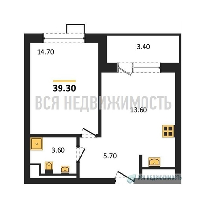 1-комнатная квартира, 39.3кв.м - изображение