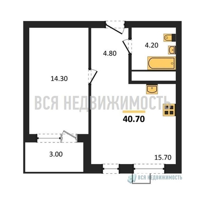 1-комнатная квартира, 40.7кв.м - изображение