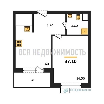 1-комнатная квартира, 37.1кв.м - изображение