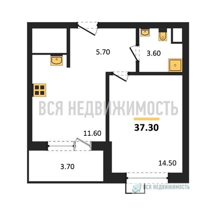 1-комнатная квартира, 37.3кв.м - изображение