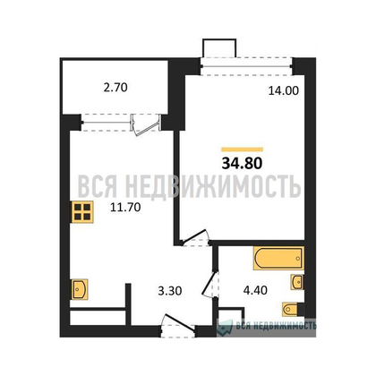 1-комнатная квартира, 34.8кв.м - изображение