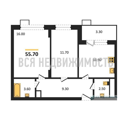 2-комнатная квартира, 55.8кв.м - изображение