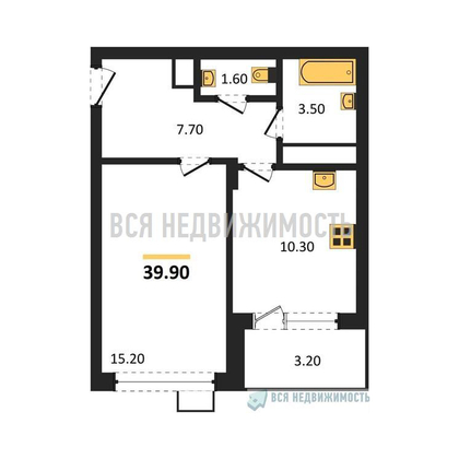 1-комнатная квартира, 39.9кв.м - изображение