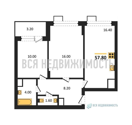 2-комнатная квартира, 57.8кв.м - изображение