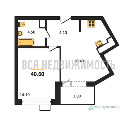 1-комнатная квартира, 40.6кв.м - изображение