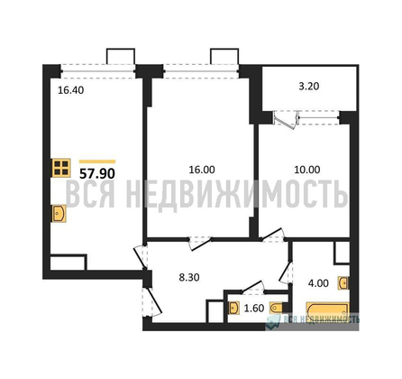 2-комнатная квартира, 57.9кв.м - изображение