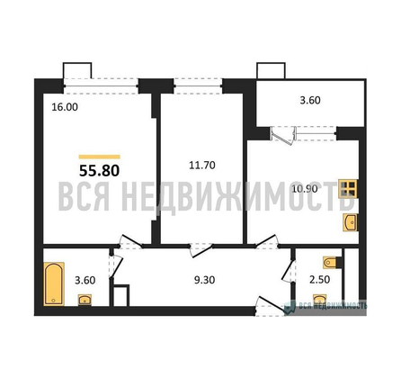 2-комнатная квартира, 55.8кв.м - изображение