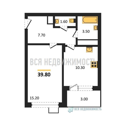 1-комнатная квартира, 39.8кв.м - изображение