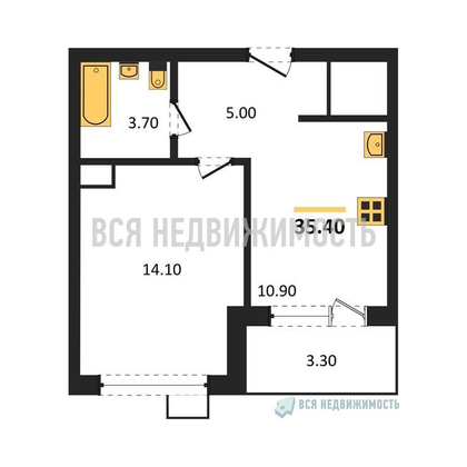 1-комнатная квартира, 35.4кв.м - изображение