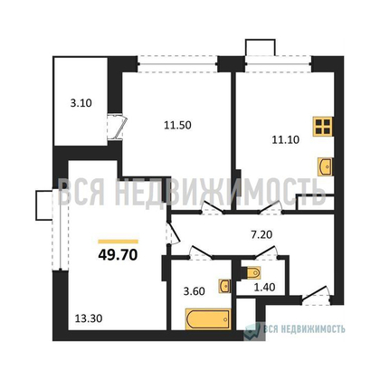 2-комнатная квартира, 49.7кв.м - изображение