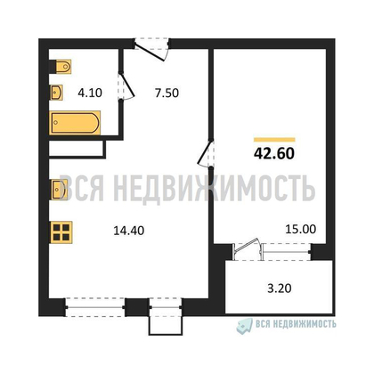 1-комнатная квартира, 42.6кв.м - изображение