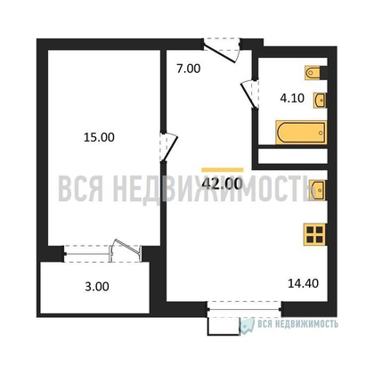 1-комнатная квартира, 42кв.м - изображение