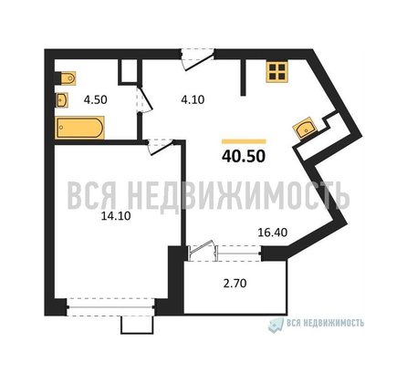 1-комнатная квартира, 40.5кв.м - изображение