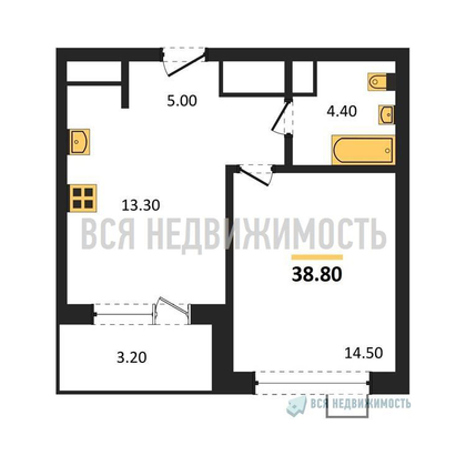 1-комнатная квартира, 38.8кв.м - изображение