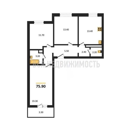 3-комнатная квартира, 75.9кв.м 3-комнатная квартира, 75.9кв.м - изображение