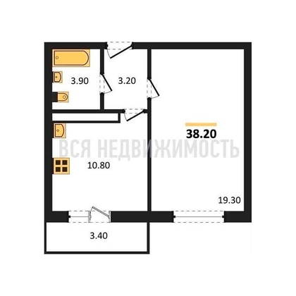 1-комнатная квартира, 38.2кв.м - изображение