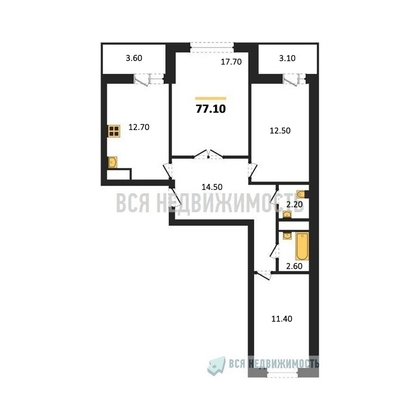 3-комнатная квартира, 77.1кв.м - изображение