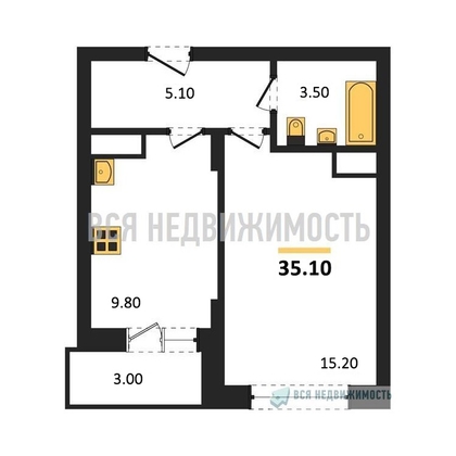 1-комнатная квартира, 35.1кв.м - изображение