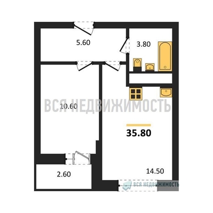 1-комнатная квартира, 35.8кв.м - изображение