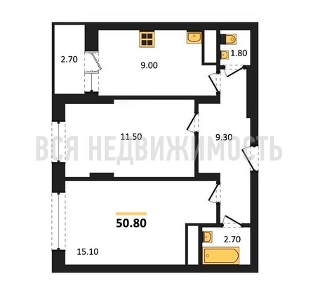 2-комнатная квартира, 50.8кв.м - изображение