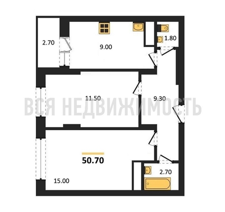 2-комнатная квартира, 50.7кв.м - изображение