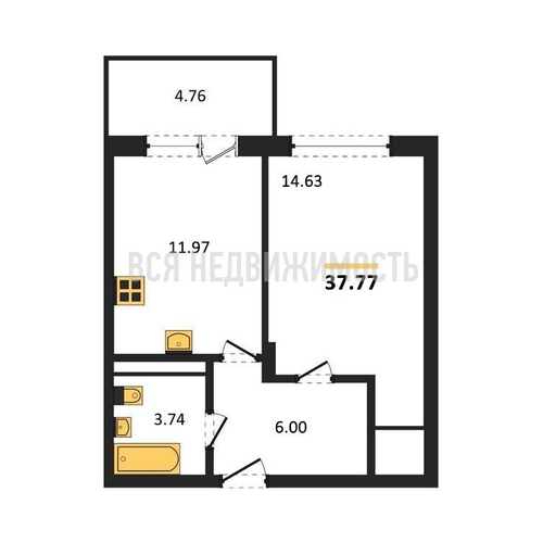 1-комнатная квартира, 37.77кв.м - изображение 0