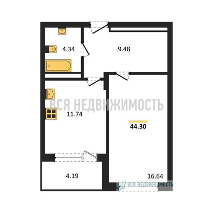 1-комнатная квартира, 44.3кв.м - изображение