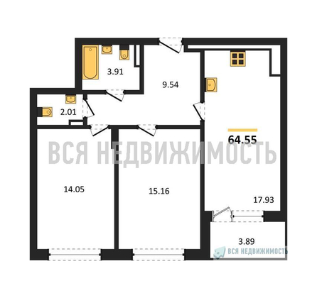 2-комнатная квартира, 64.55кв.м - изображение