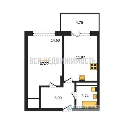 1-комнатная квартира, 37.77кв.м - изображение